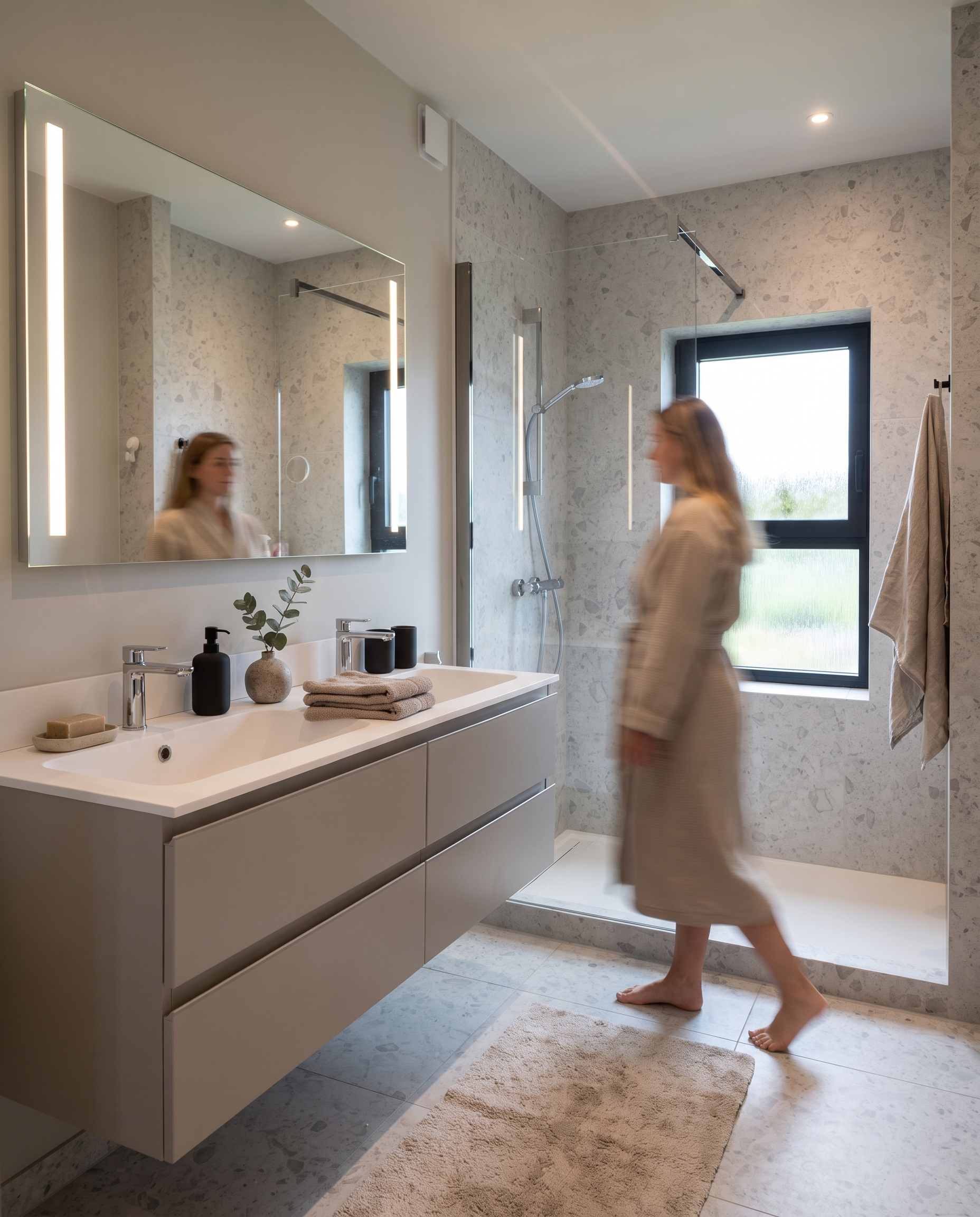 Salle de bains : double vasque, douche à l'italienne, parois de verre