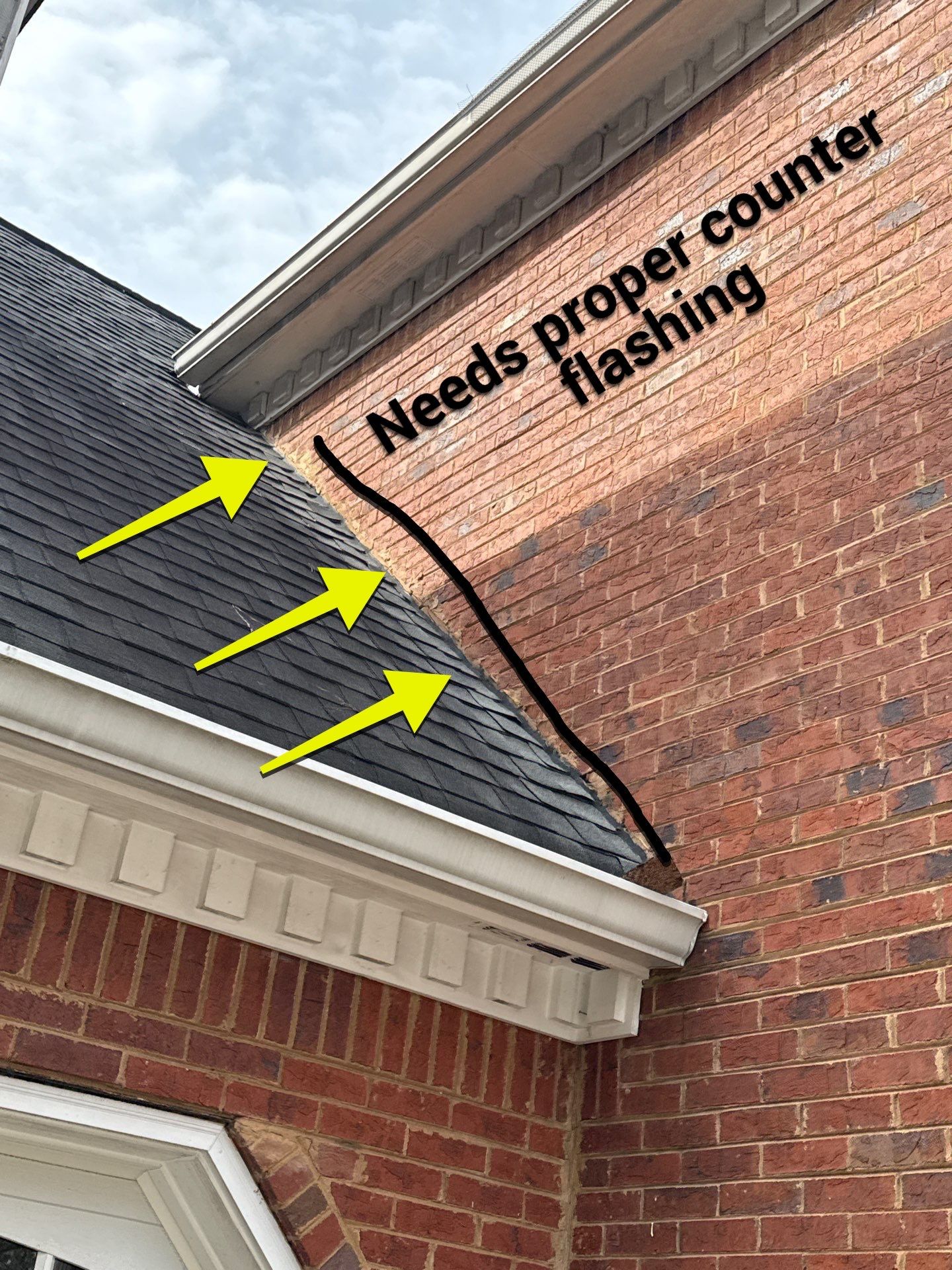 Brick wall meeting a shingle roof with arrows marking the run that needs proper counter flashing
