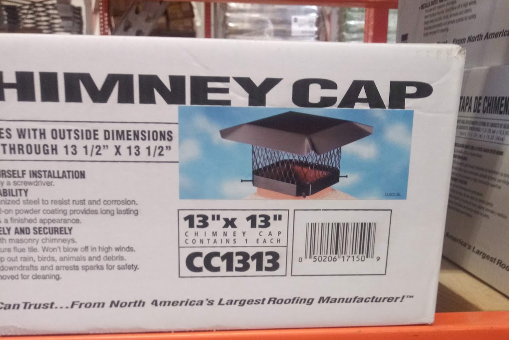 Boxed replacement chimney cap sized 13 by 13 inches, still in its retail packaging