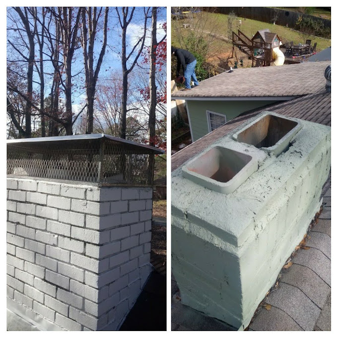 Two finished chimney tops, a white brick chimney with a black cap and a painted chase with twin flue openings