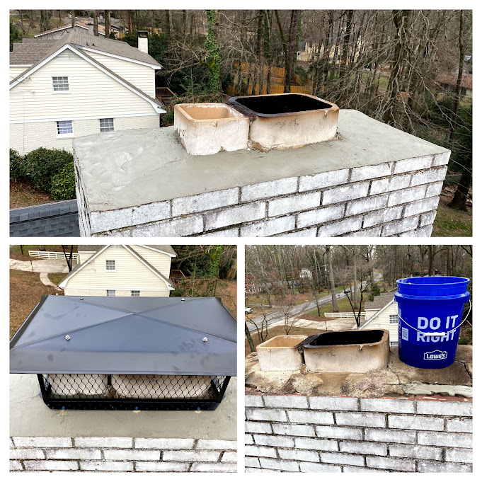 Three views of chimney crowns, a finished crown, a metal cap with mesh, and a crown part way through repair