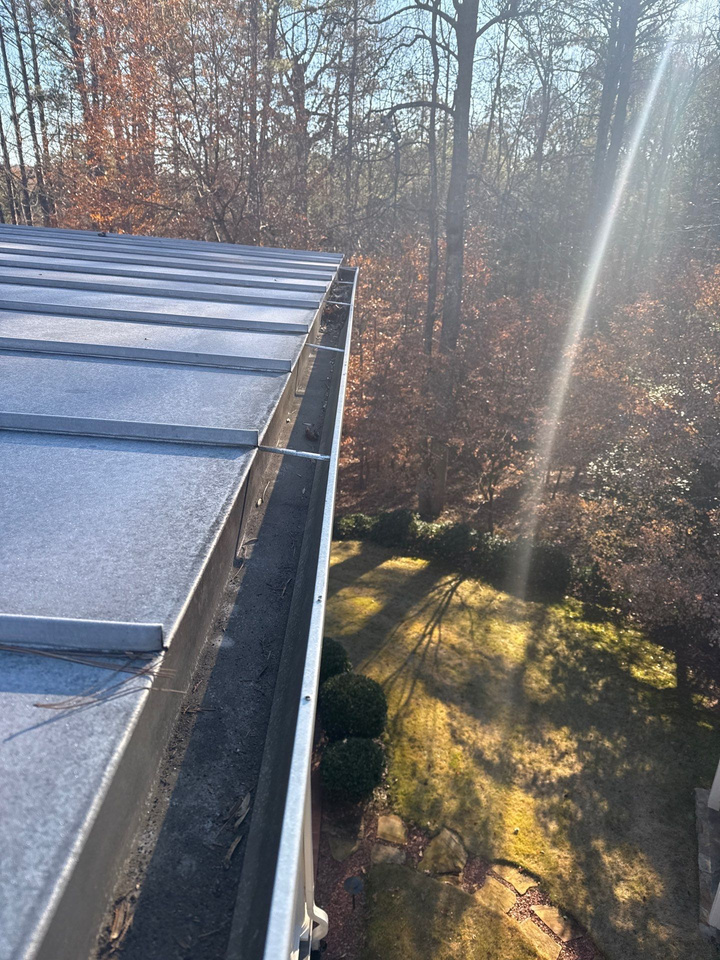 Silver standing seam panels and gutter with morning sun coming through bare trees