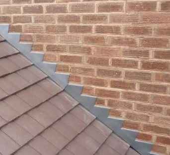 Valley flashing on a tile roof seen at a dramatic angle