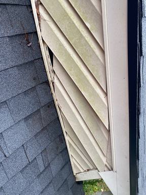 Close-up of warped and damaged siding panels on a home exterior
