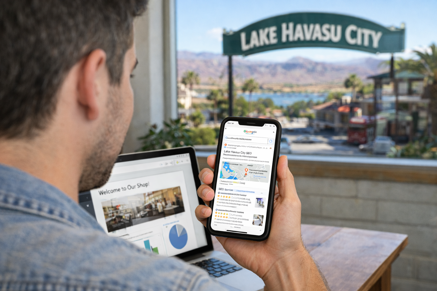 Business owner in Lake Havasu City checking Google search results for local SEO on a phone Business owner in Lake Havasu City checking Google search results for local SEO on a phone