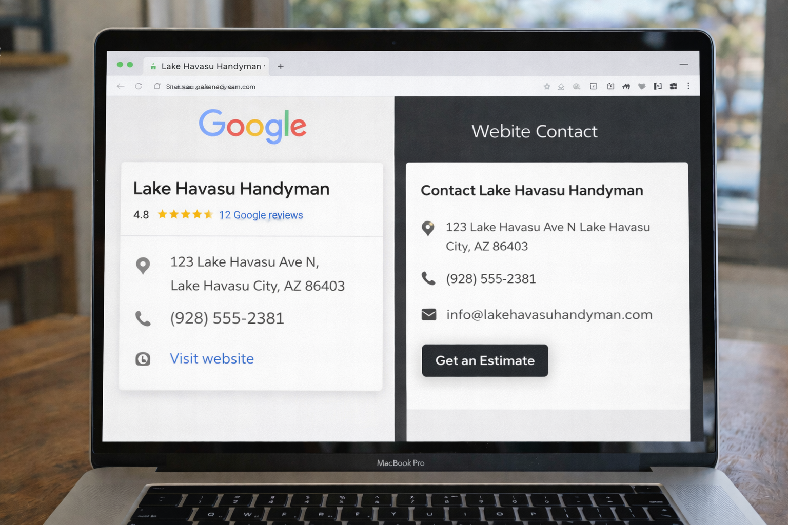 Side by side comparison of Google Business Profile and website contact information Side by side comparison of Google Business Profile and website contact information