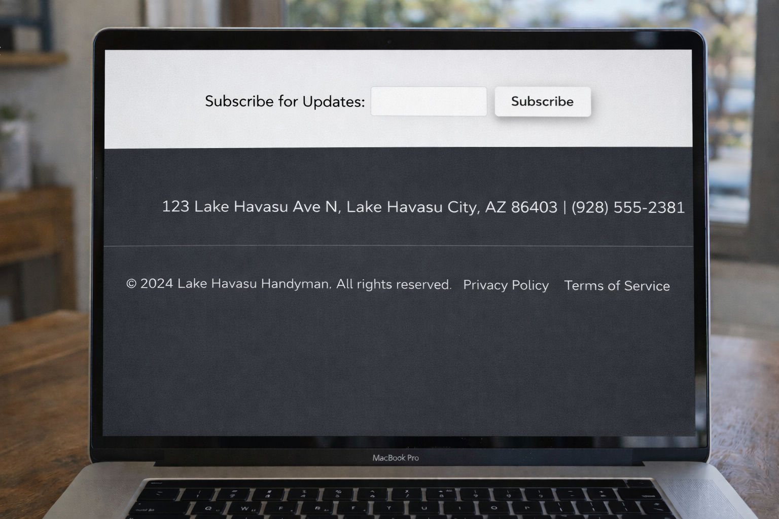 Website footer showing Lake Havasu City business address and phone number Website footer showing Lake Havasu City business address and phone number