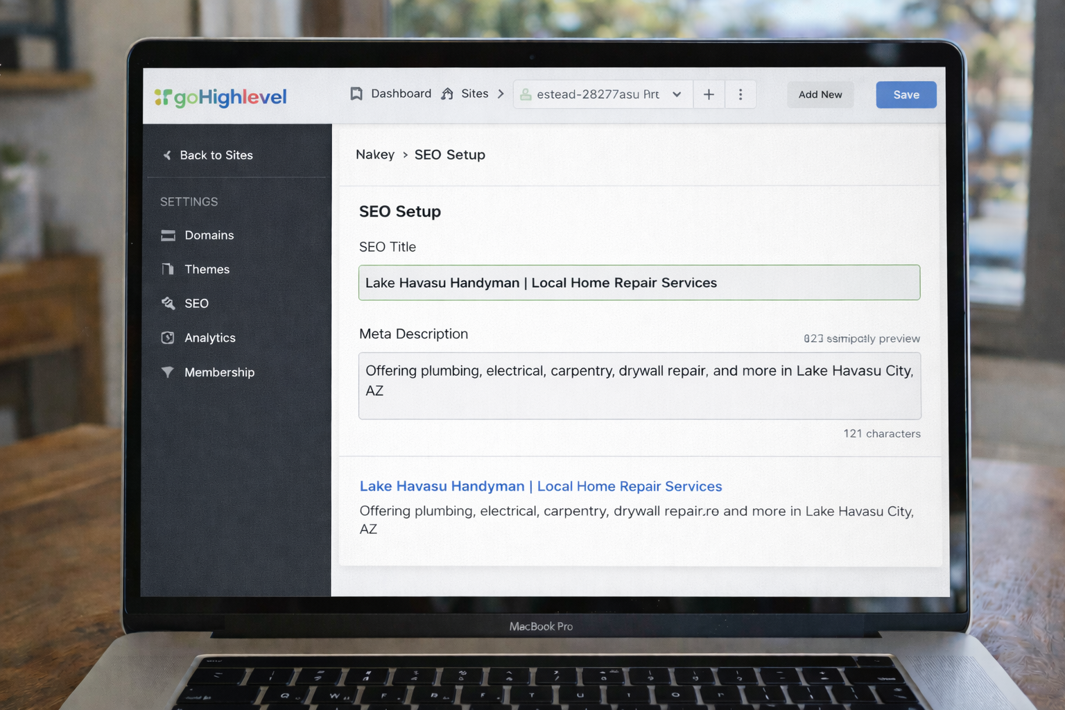Website editor showing fields for SEO title and meta description Website editor showing fields for SEO title and meta description