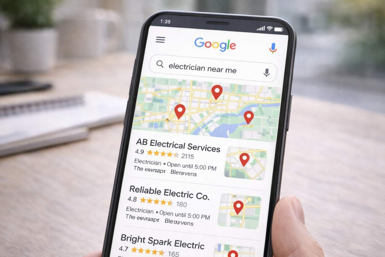 Smartphone displaying local electrician options Smartphone displaying local electrician options