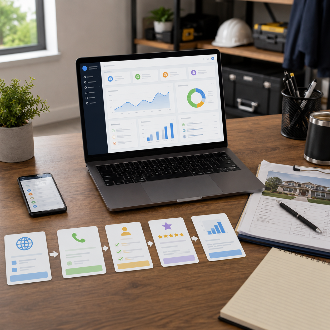 Contractor CRM automation workflow connecting leads, calls, follow-up, reviews, and reporting. Contractor CRM automation workflow connecting leads, calls, follow-up, reviews, and reporting.