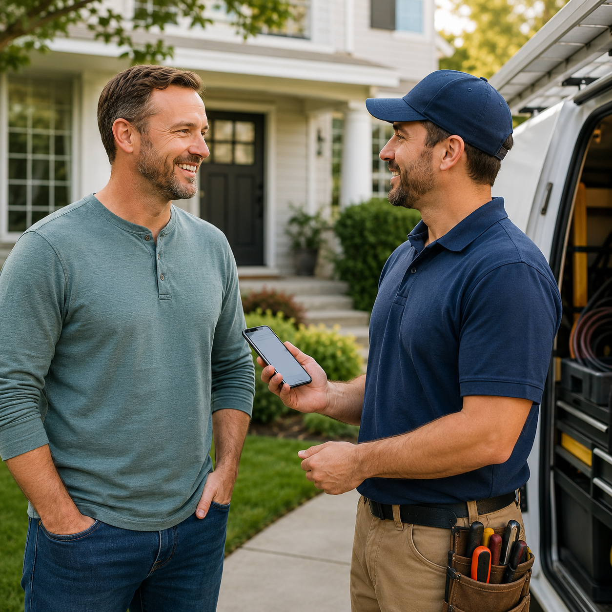 Contractor asking a homeowner for honest feedback after a completed service job. Contractor asking a homeowner for honest feedback after a completed service job.