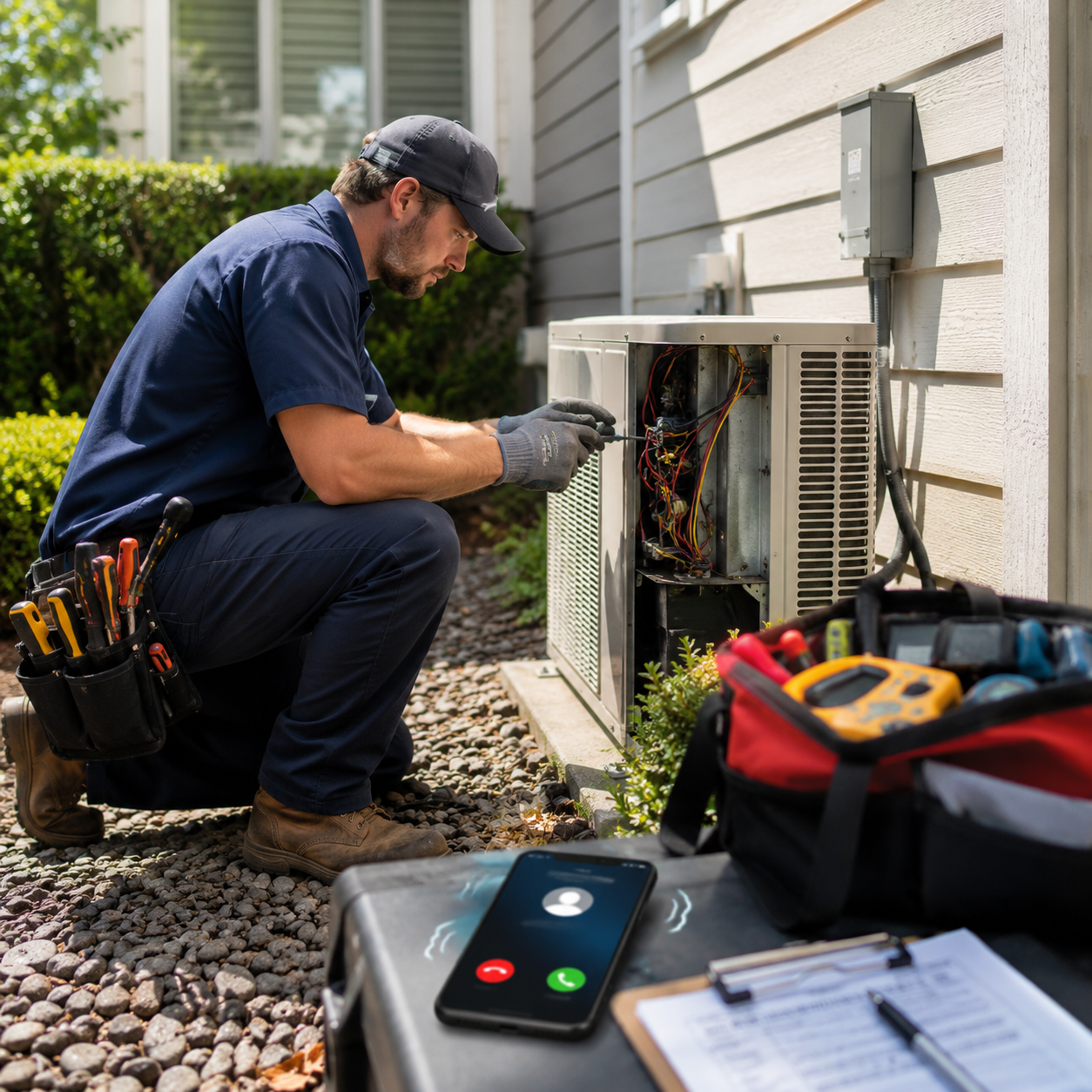Contractor working on-site while a business call is missed Contractor working on-site while a business call is missed