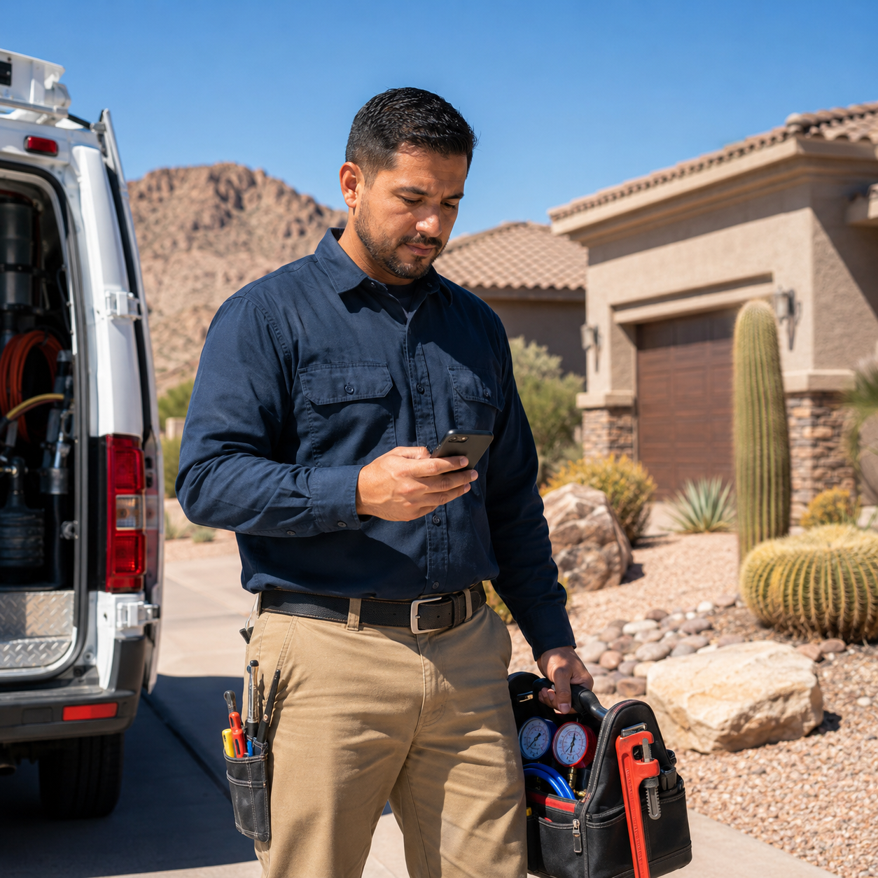 Home service contractor checking phone between jobs in a desert market Home service contractor checking phone between jobs in a desert market