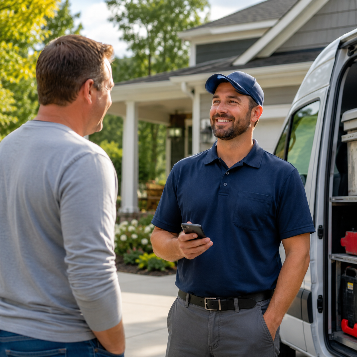 Contractor speaking with homeowner after fast lead follow-up Contractor speaking with homeowner after fast lead follow-up