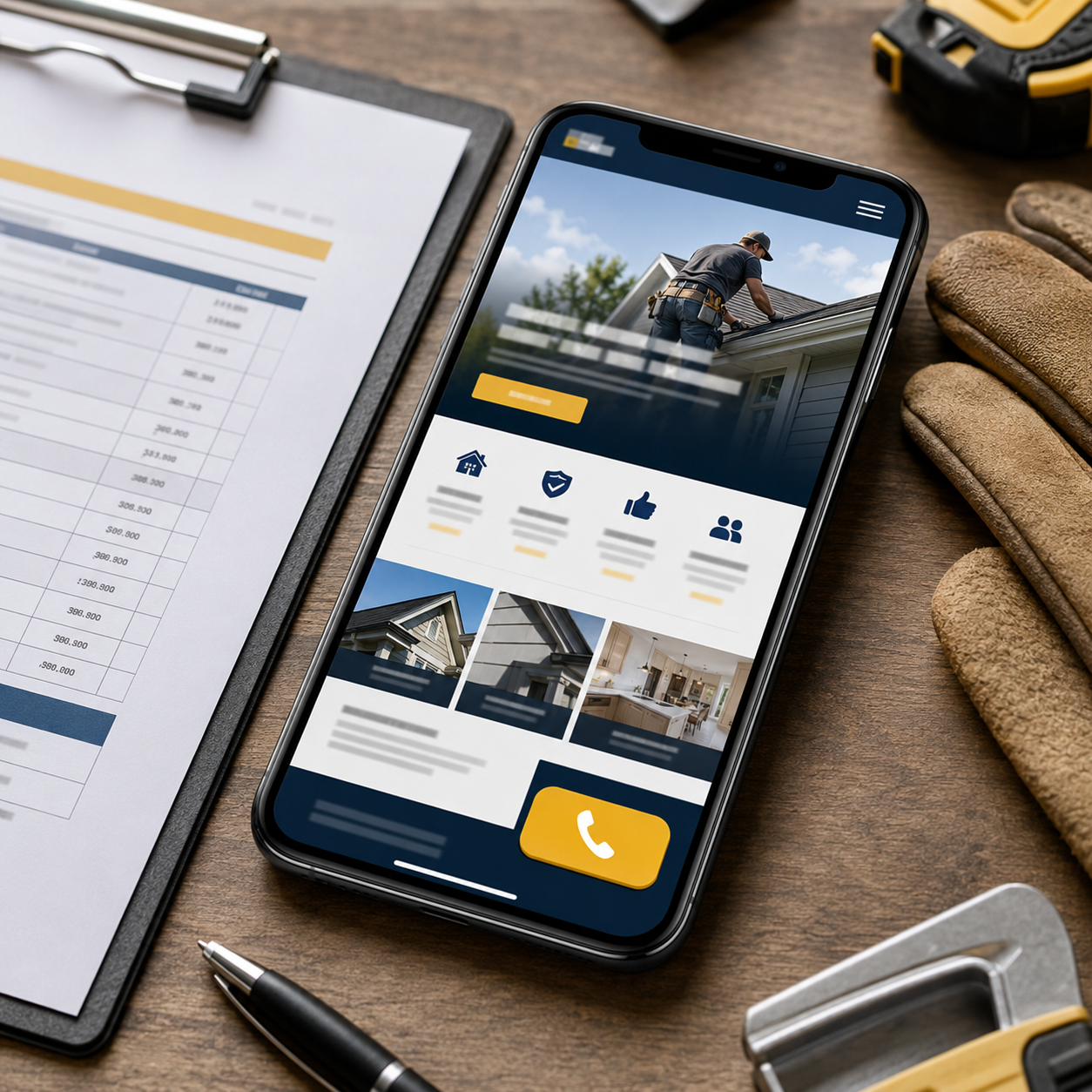 Mobile contractor website layout with a visible call button beside estimate paperwork. Mobile contractor website layout with a visible call button beside estimate paperwork.