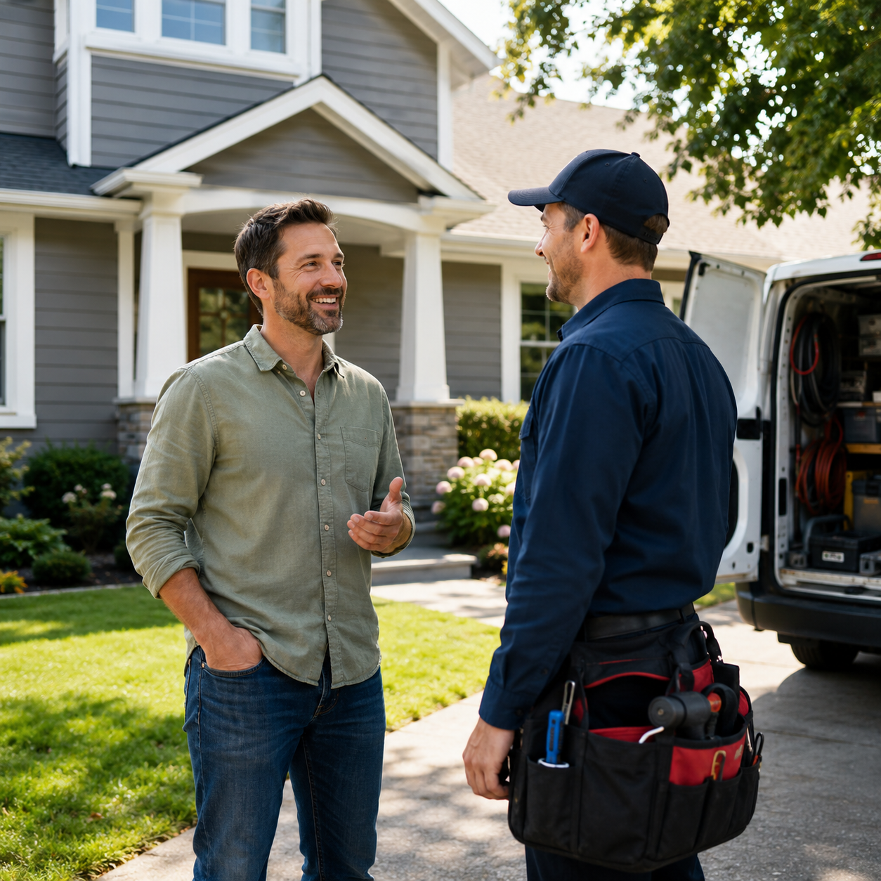 Homeowner speaking with contractor after a completed service job Homeowner speaking with contractor after a completed service job