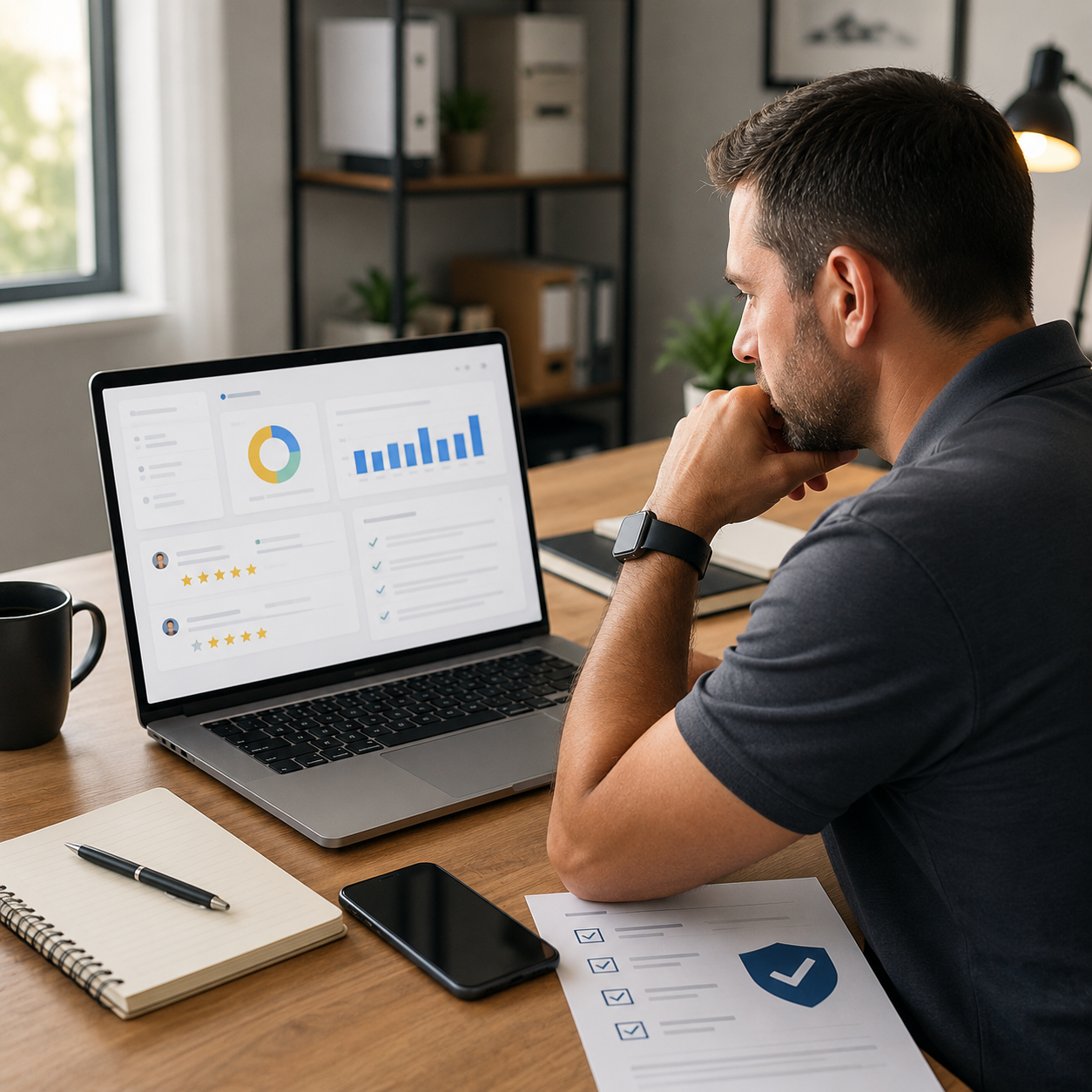 Business owner reviewing compliant customer feedback workflow Business owner reviewing compliant customer feedback workflow