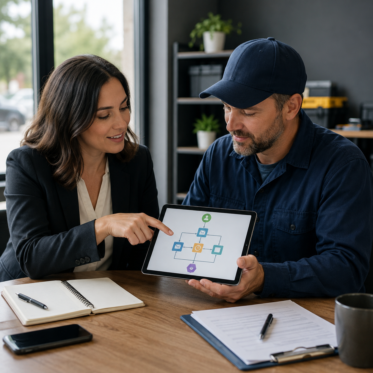 Contractor and marketing consultant reviewing review automation plan Contractor and marketing consultant reviewing review automation plan
