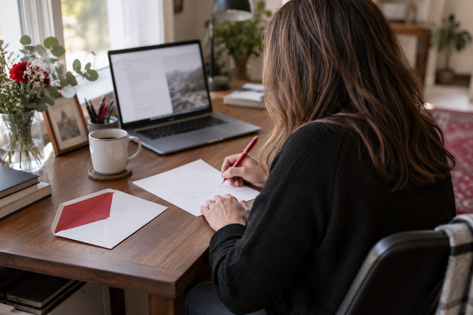 Person writing a letter with a red pen next to an open envelope.