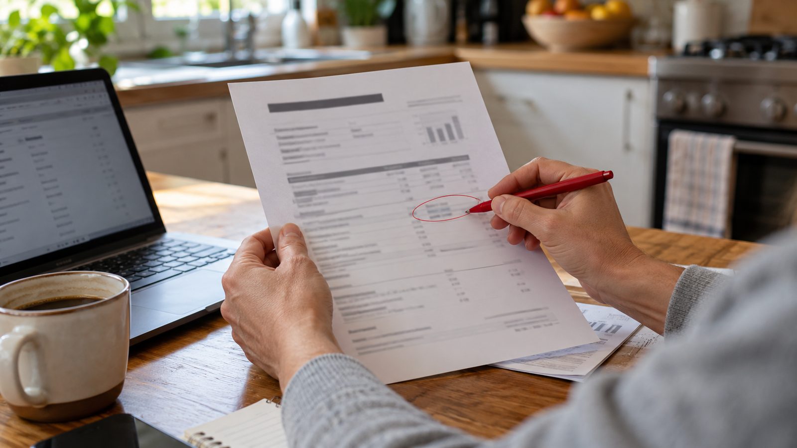 Hands circling a line on a financial document with a red pen.