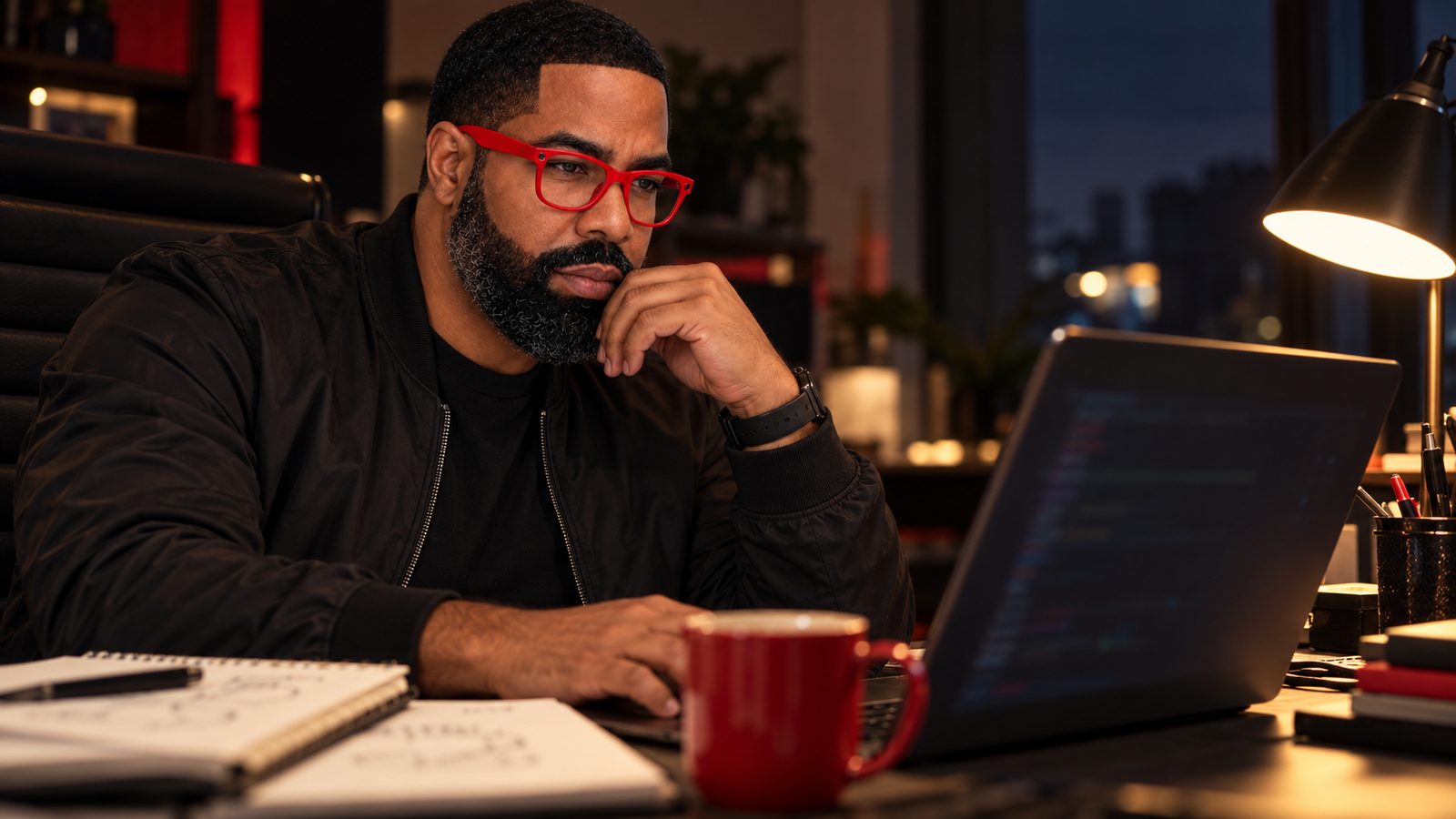 Calvin Harvey II working at a laptop at night.