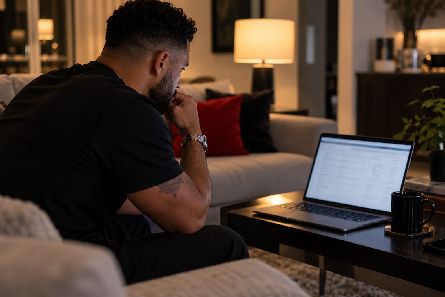 Person reviewing a laptop screen on a couch at night.