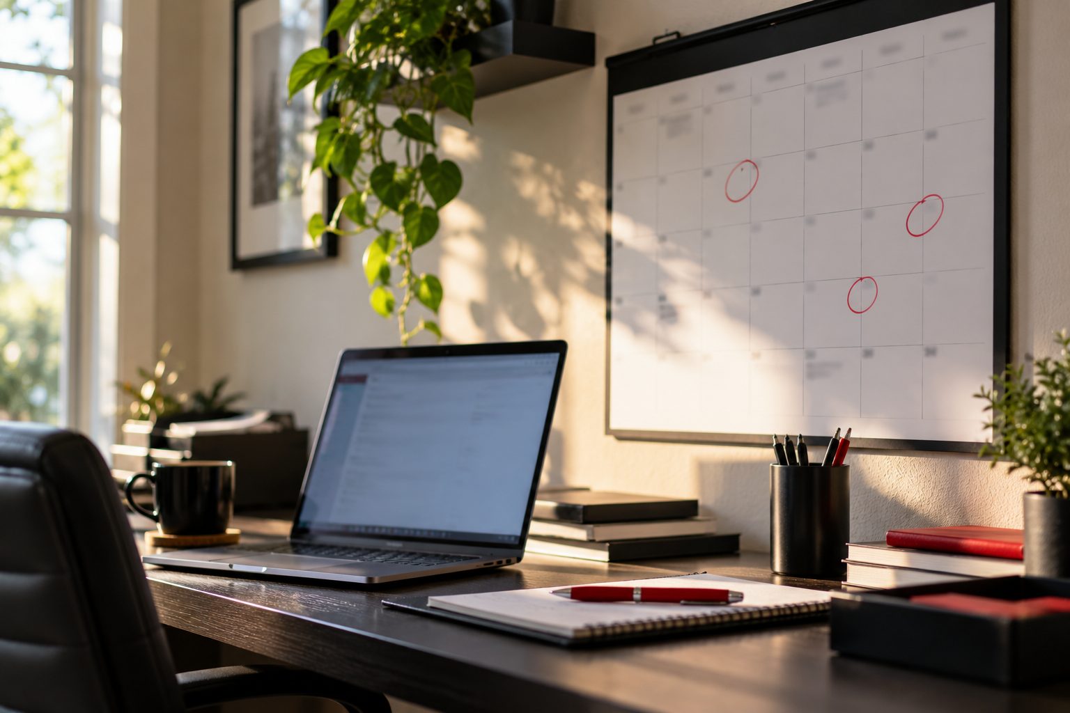 Home office desk with a laptop, notebook, and calendar dates circled in red.