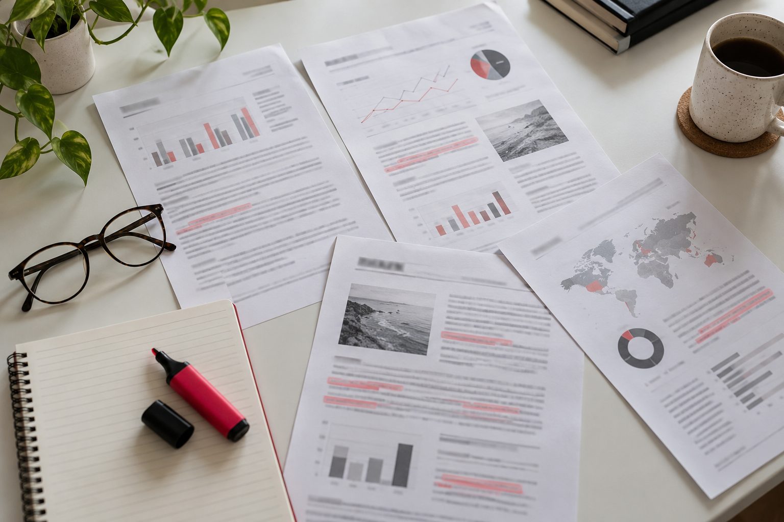 Credit documents on a desk with red highlights, glasses, and a notebook.