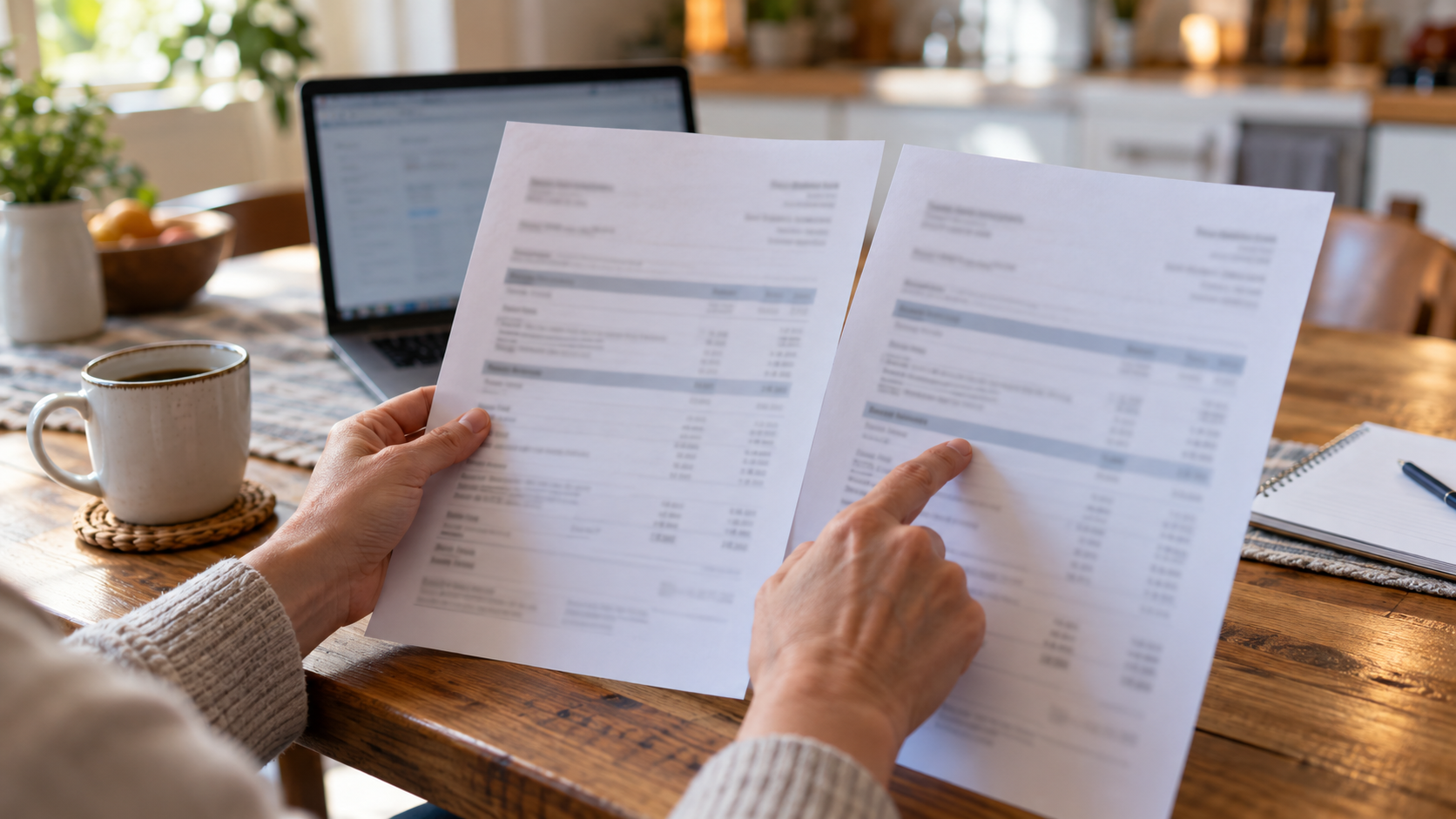 Two hands at a wooden kitchen table compare two nearly identical paper statements side by side, one finger pointing at a matching line.