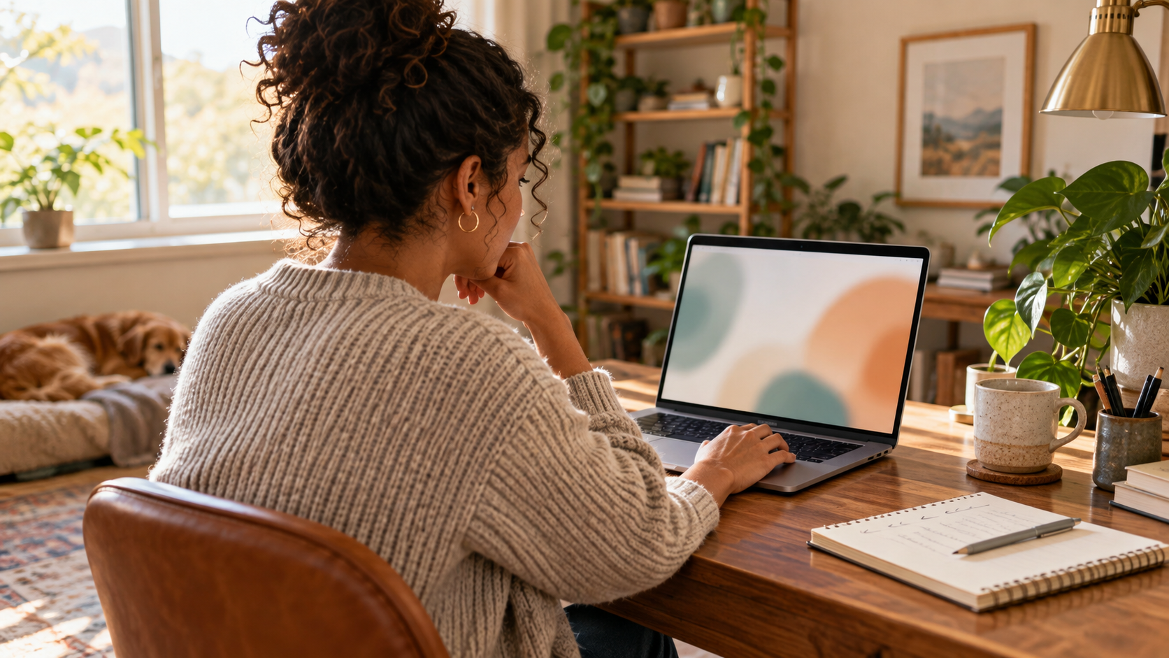 A woman with curly hair, seen from behind, sits at a wooden home-office desk in sunlight, looking at a laptop next to a coffee mug and an open notebook, with plants and a sleeping dog nearby.
