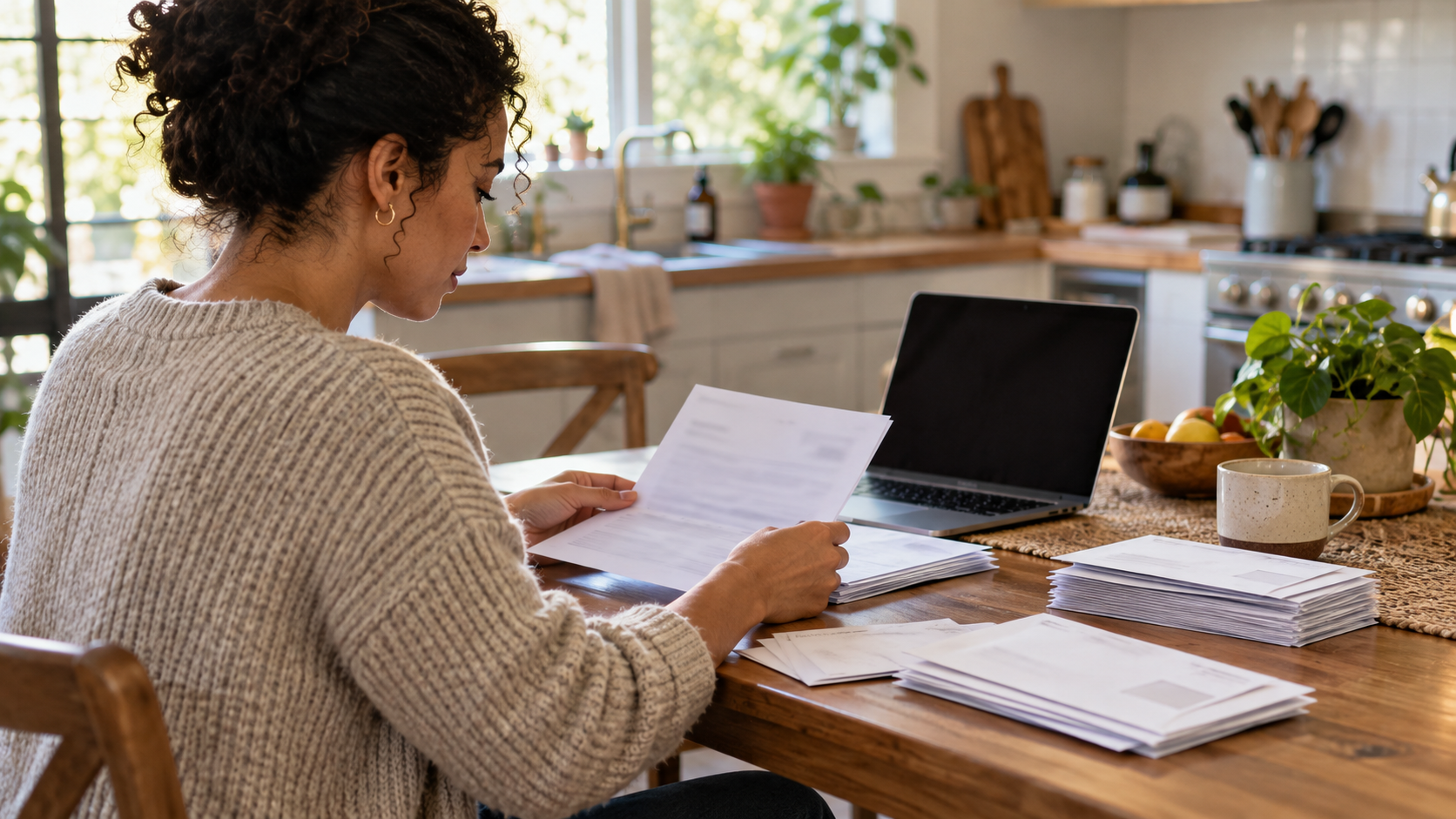 A woman calmly reads a printed letter at a sunlit kitchen table, with neat stacks of envelopes, a laptop and a coffee mug in front of her.