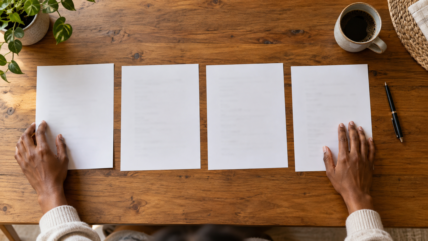 An overhead view of two hands arranging four sheets of paper in a neat row on a wooden table, with a pen, a cup of black coffee and a potted plant nearby.
