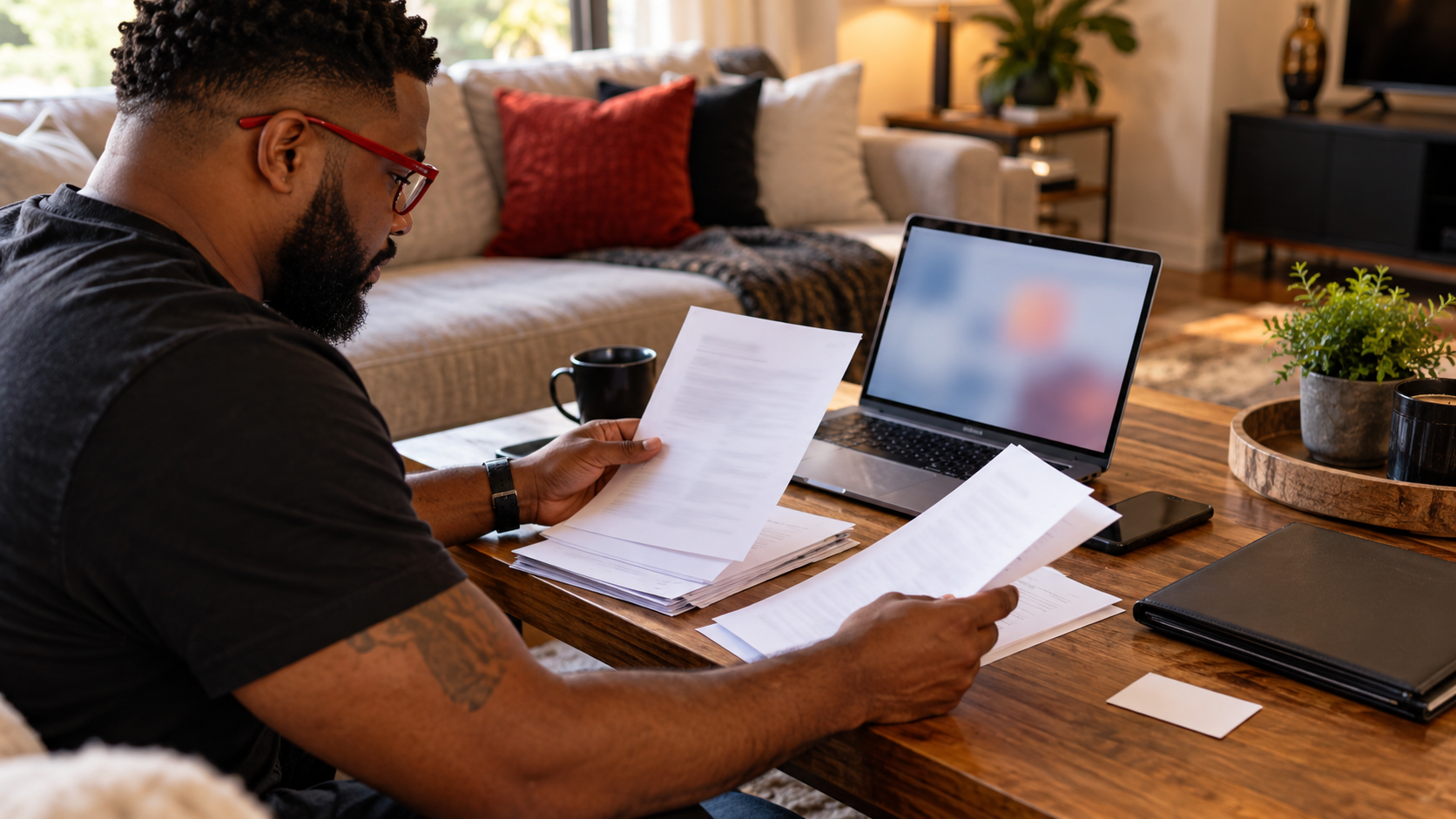 A bearded man in red glasses goes through paperwork at a wooden table in a warm living room, with an open laptop in front of him and a blank business card and a closed black folder set aside.