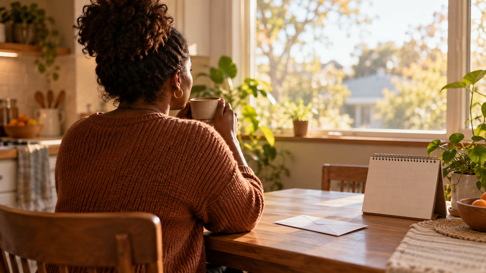 A woman seen from behind drinks coffee at a sunlit kitchen table, with a closed envelope and a blank desk calendar beside her.