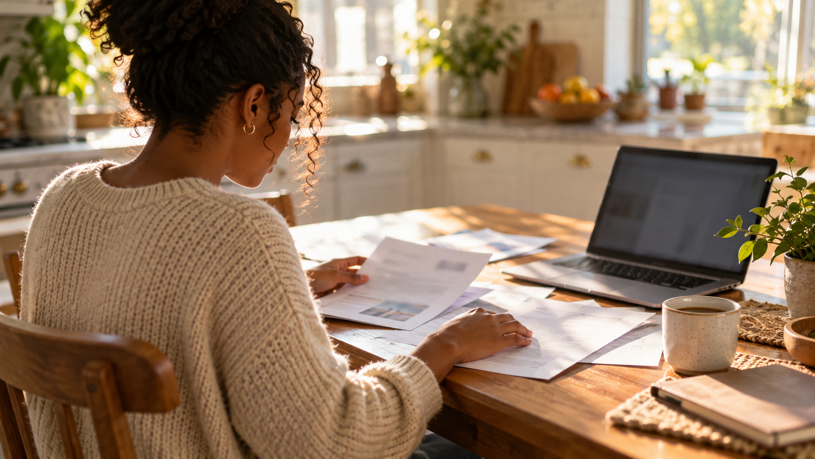 A woman in a cream sweater, seen from behind, reviews papers at a sunlit kitchen table next to an open laptop and a cup of coffee.