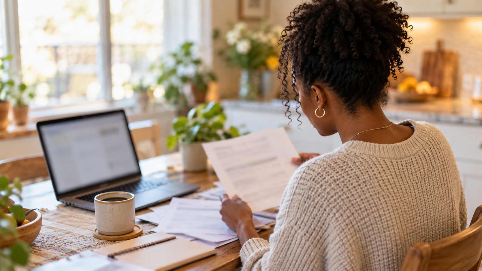 A woman with natural hair sits at a sunlit kitchen table reviewing papers next to a laptop and a cup of coffee.