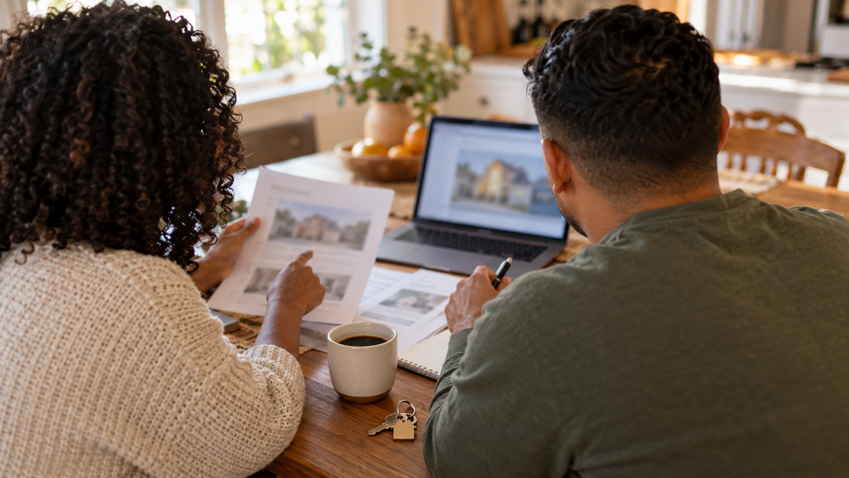 A couple seen from behind at a sunny kitchen table, looking over printed home listings and a laptop, with a coffee mug and house keys nearby.