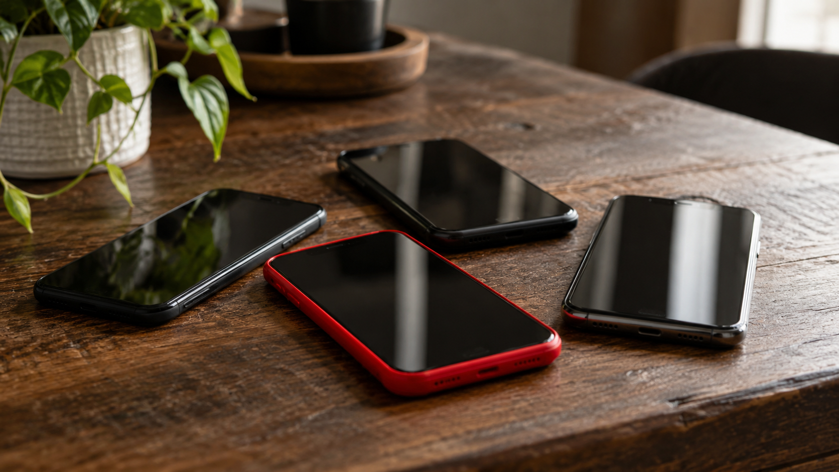 Four phones on a wooden table, one of them in a red case.