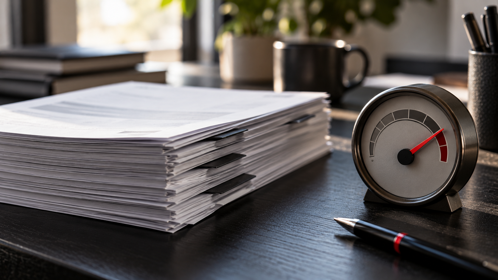 A thick stack of papers next to a small round gauge with a red needle.