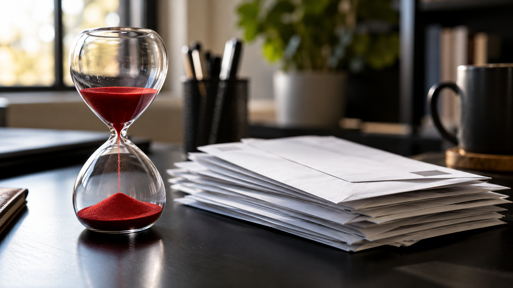 An hourglass with red sand beside a stack of envelopes on a black desk.