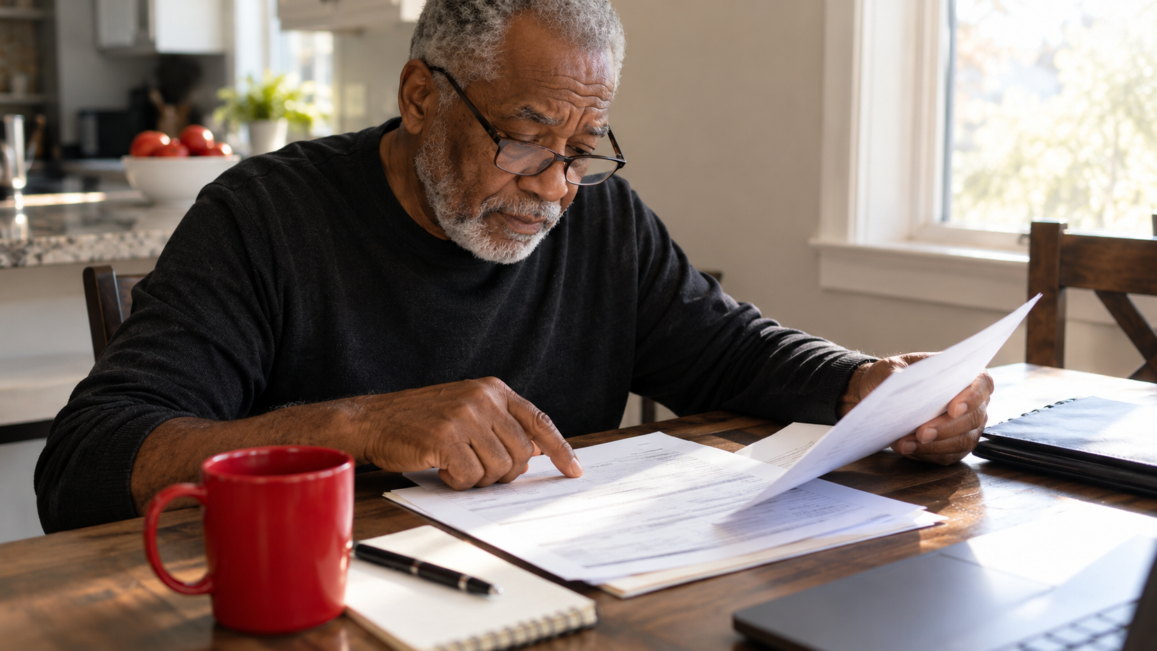 A man in his 60s wearing glasses sits at a sunlit kitchen table running a finger down a credit report, with a red mug nearby.