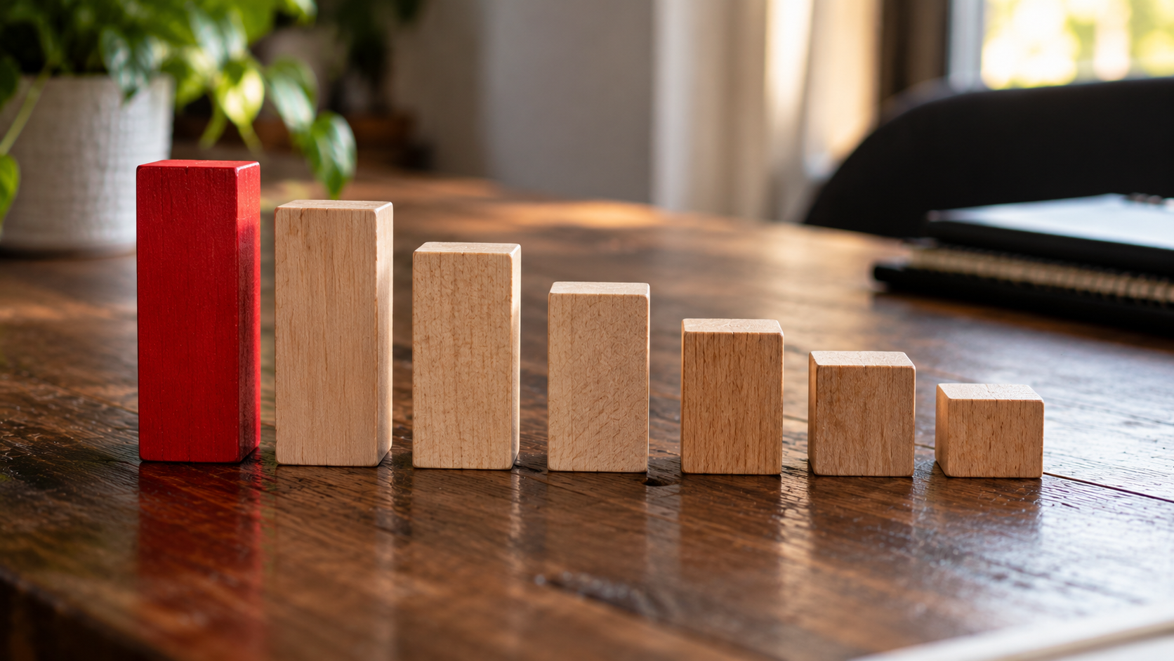 Seven wooden blocks arranged in descending height, the tallest one red.