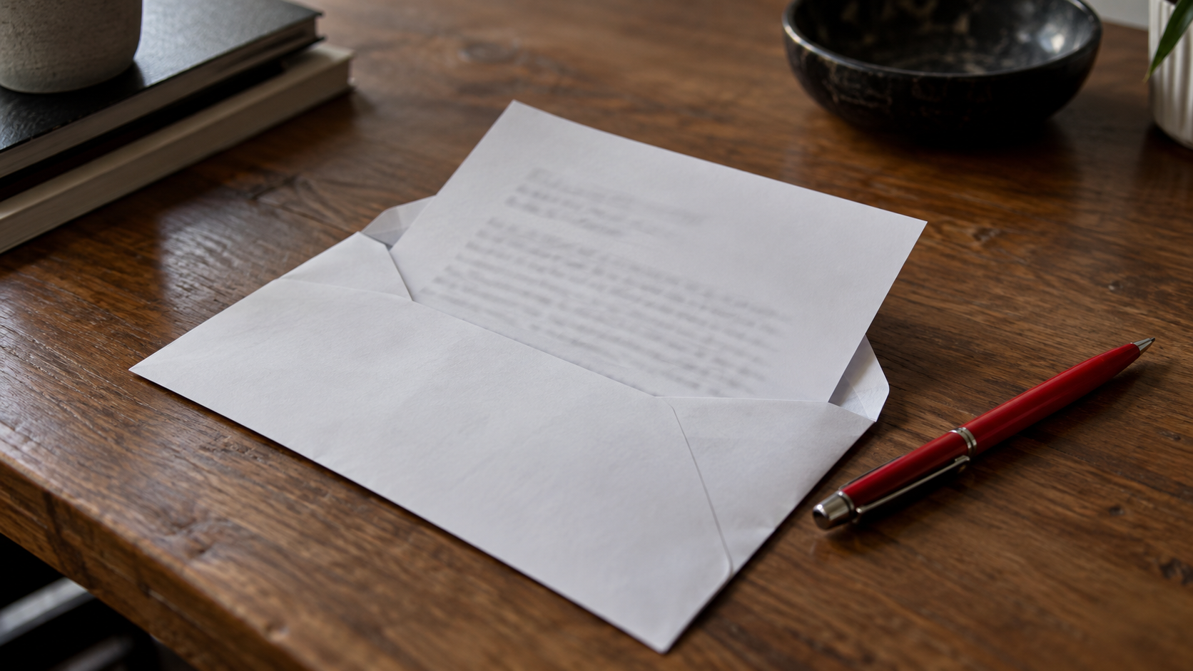 A folded typed letter tucked into a white envelope on a wooden desk, with a red pen beside it.