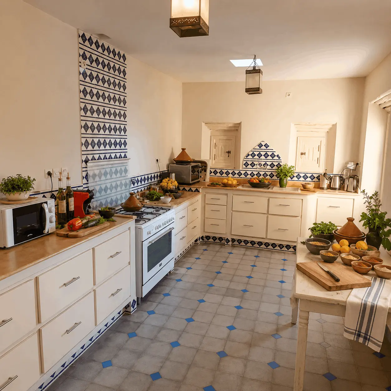 Cuisine marocaine de Maison Tikida avec tajines, épices et ingrédients frais