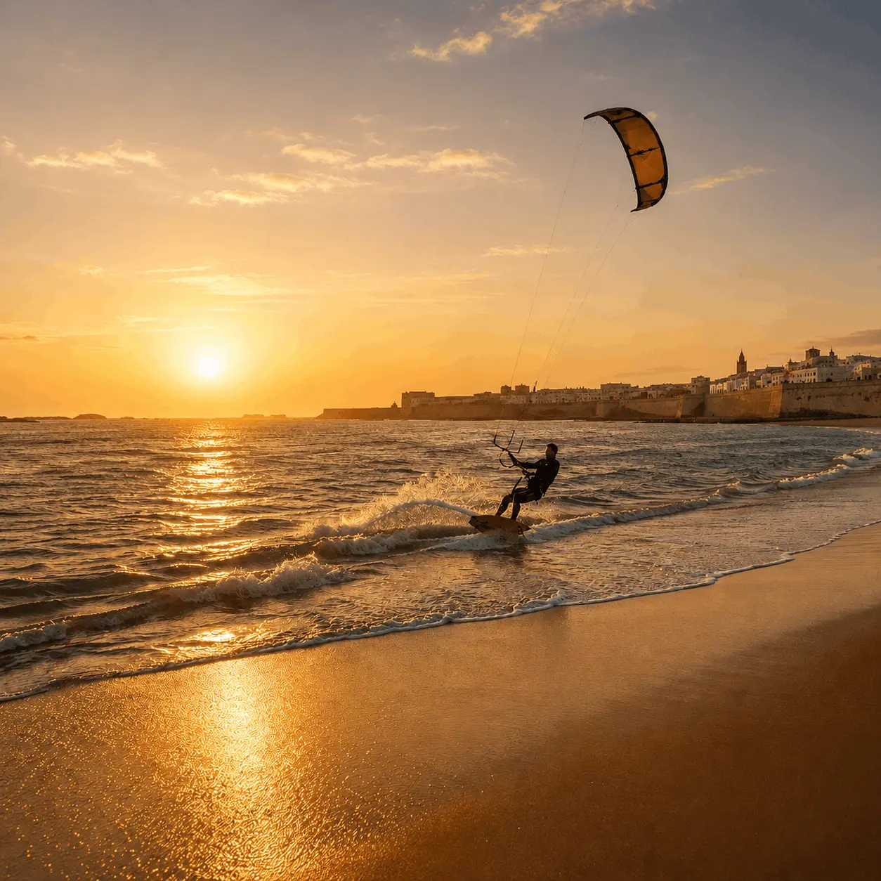 Kitesurf au coucher du soleil sur la plage d’Essaouira près de Maison Tikida