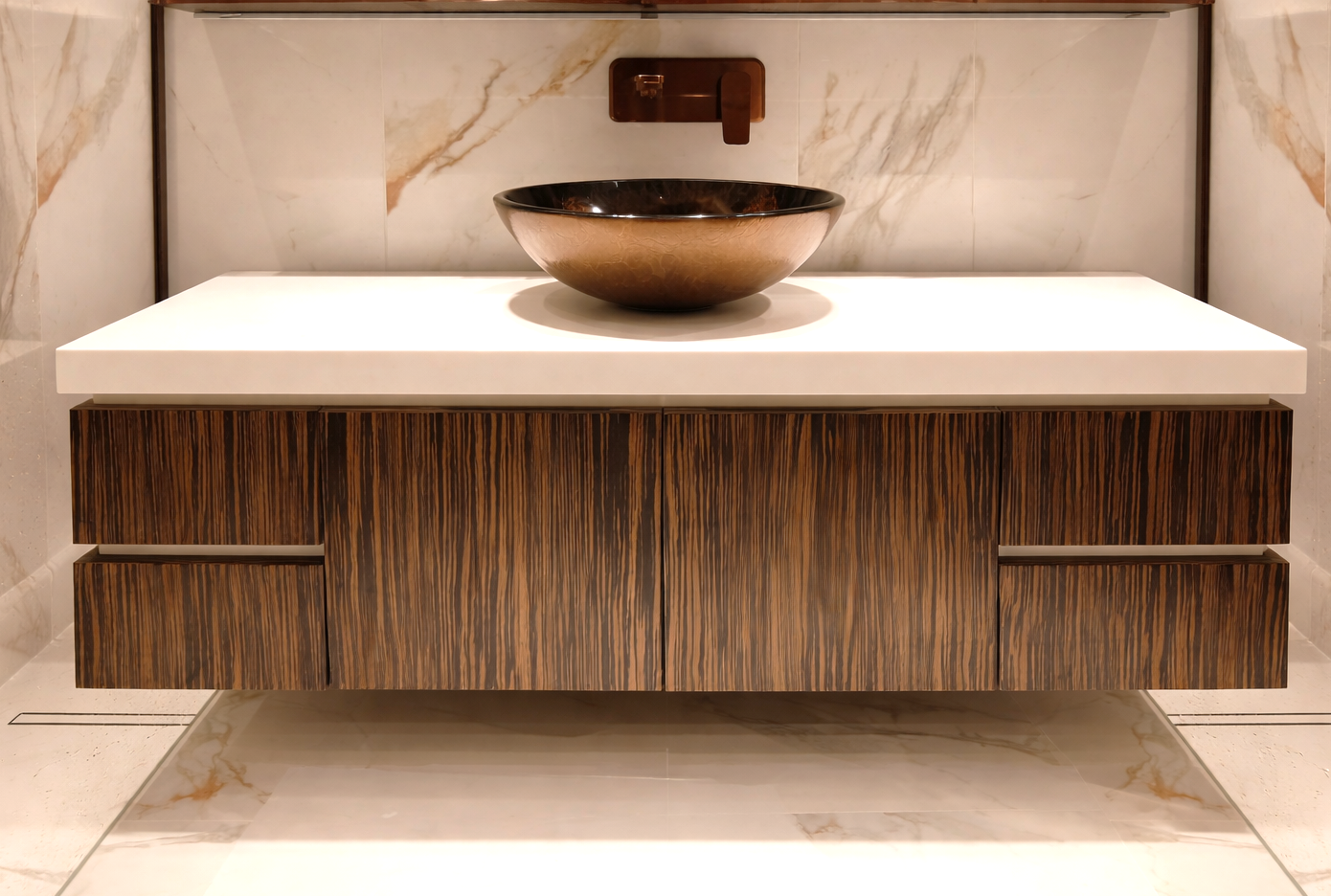 Premium bathroom tile detail with brass fittings and soft lighting