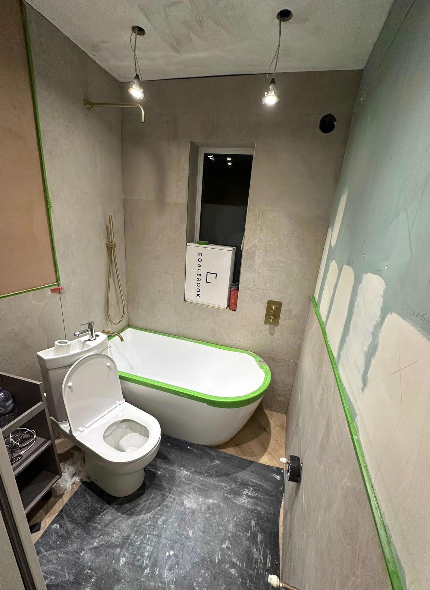 Bathroom plumbing or waterproofing detail for shower planning