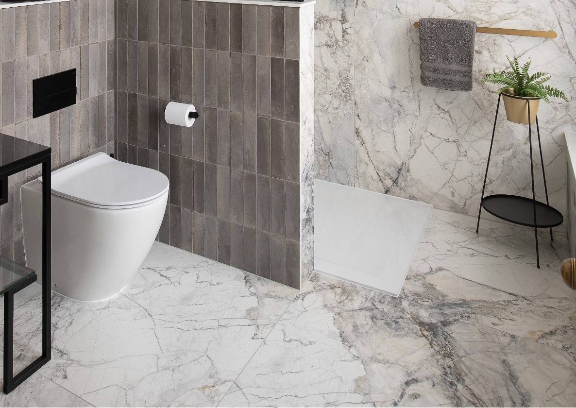 Floor tiles supporting a bathroom finish scheme