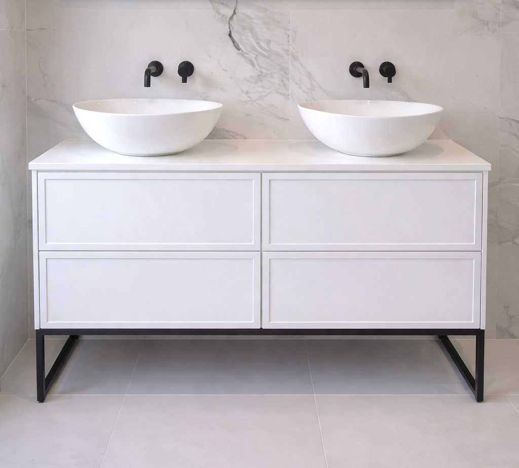 Vertical storage used carefully in a small bathroom
