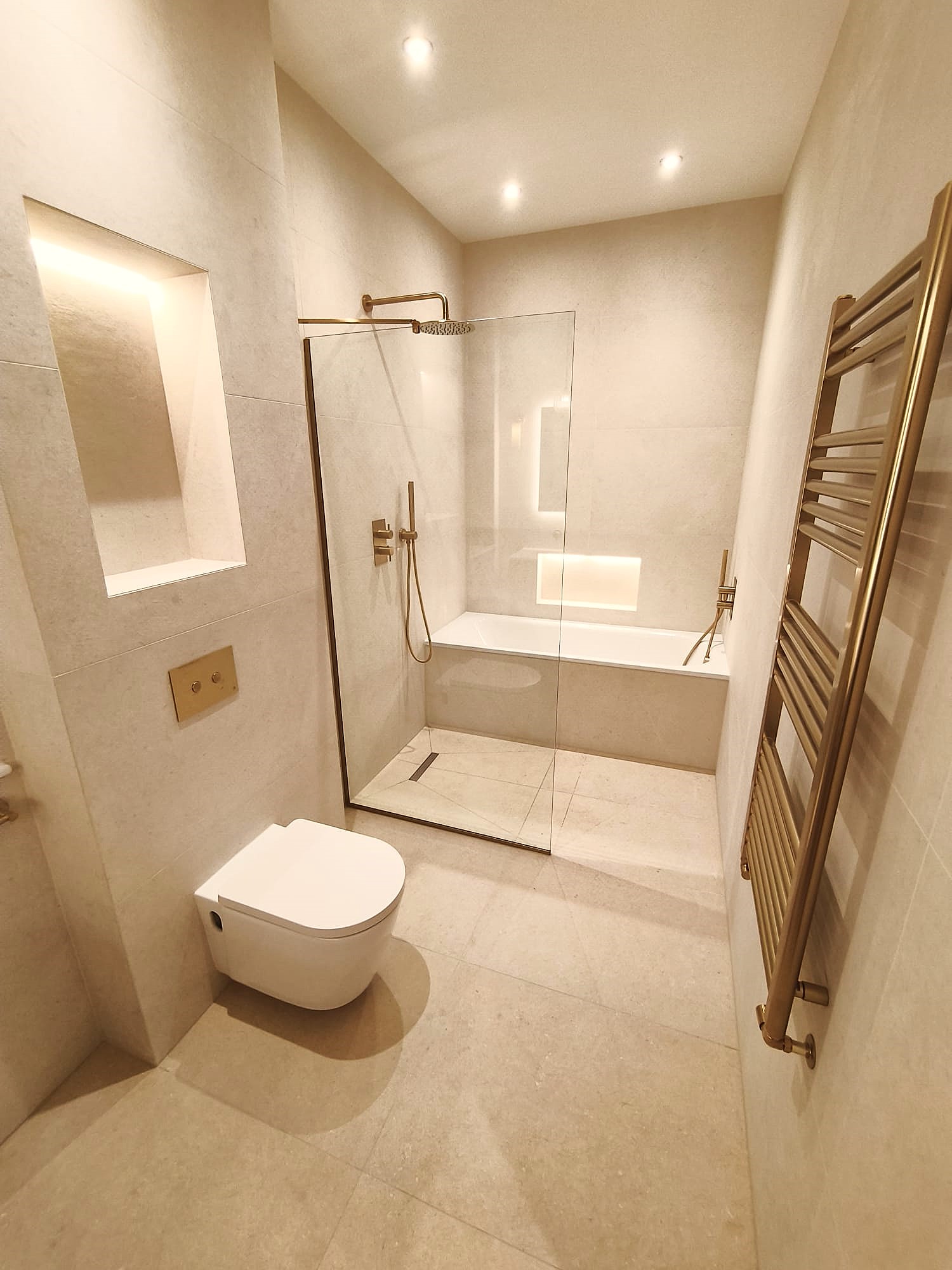 Premium bathroom with tiled floor and warm comfortable feel